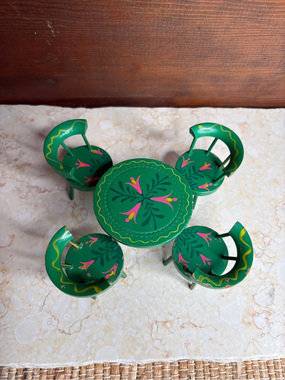 Vintage Japan Hand Painted Wooden Dollhouse Table & Chairs Green Pink Floral